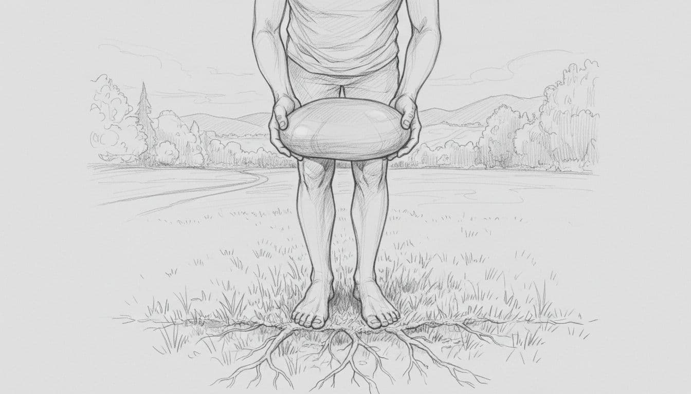 Hand-drawn sketch of a person standing barefoot on grass in a nature park, hands holding a smooth stone, relaxed pose from low angle emphasizing earth connection for stability.
