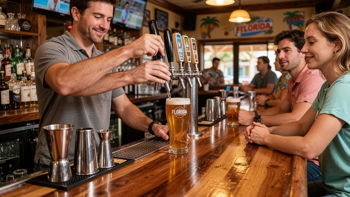 A relaxed bartender pours craft beer from a tap into a glass on a wooden bar top at a busy bar with warm ambient lighting, bar tools nearby, and two customers, capturing a casual Florida vibe in a photorealistic landscape view.