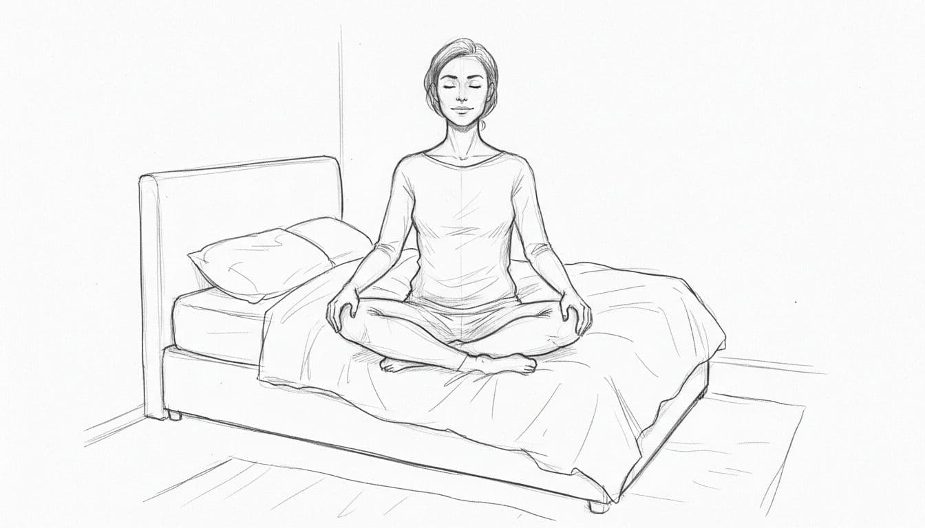 Hand-drawn graphite sketch of a person sitting on the edge of a bed with hands on knees in a relaxed pose, calm expression practicing mindfulness meditation. Minimal room details, light shading on clean white background, no text or extras.