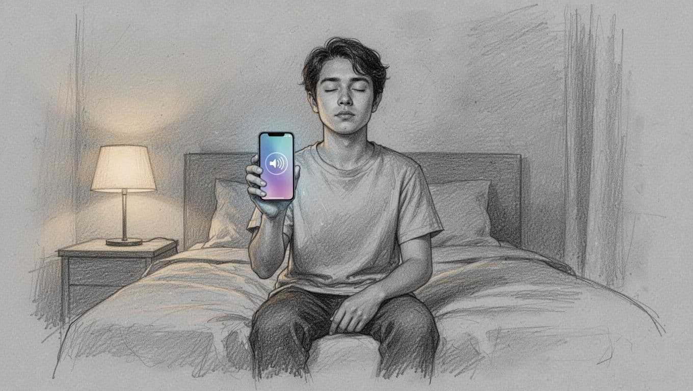 Hand-drawn graphite linework sketch of a young adult sitting on the edge of a bed in late evening, holding a smartphone at an angle showing a subtle breath prompt icon on the lock screen, eyes closed in relaxed deep breathing pose, simple dim-lit bedroom on light gray paper.