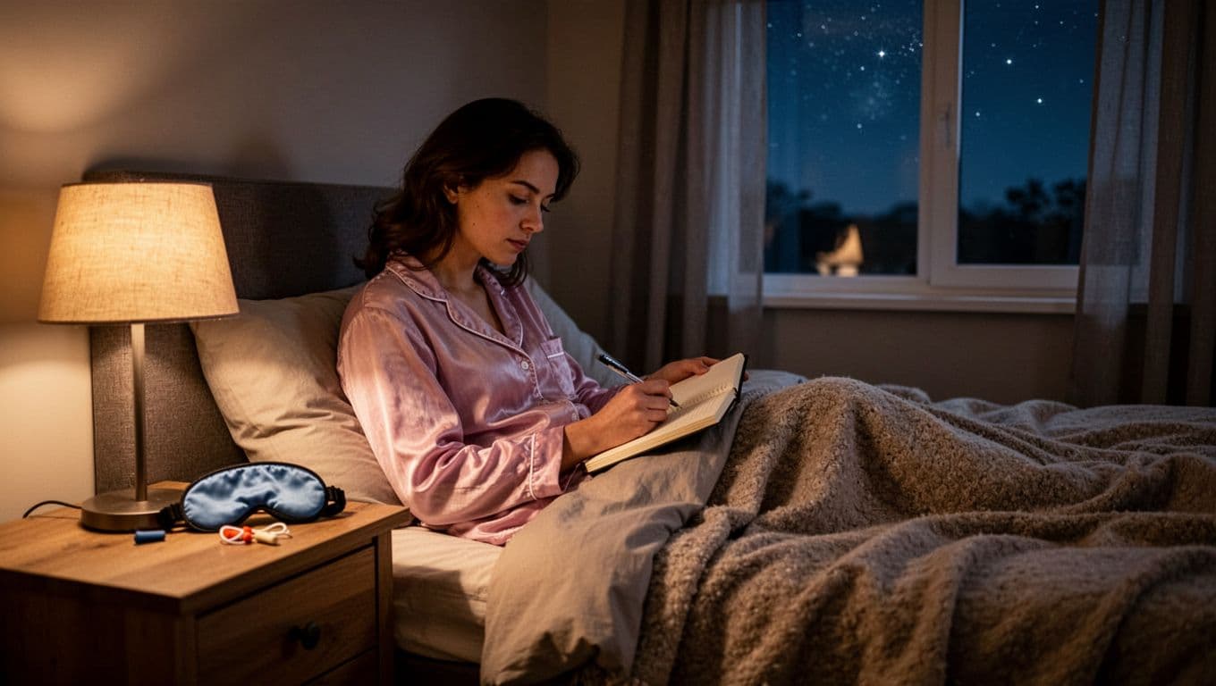 Calm evening bedroom scene with a person in pajamas writing in a bedside journal under dim warm lamp light, eye mask and earplugs on nightstand, cozy bed, and window showing night sky, focused on wind-down routine.