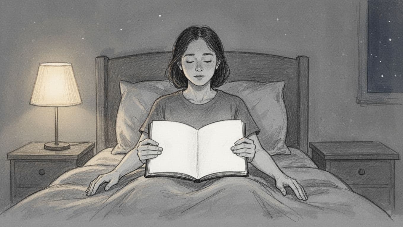 Hand-drawn grayscale sketch of a person sitting up in bed at night with an open journal nearby, calm expression after writing, transitioning to breathing exercise pose, soft bedside lamp lighting a simple bedroom.