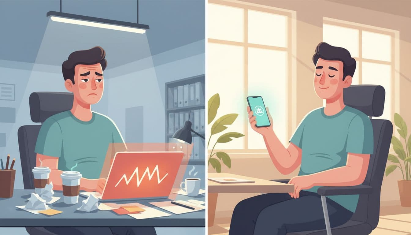 Modern clean split illustration showing a stressed employee at a desk with burnout signs on the left, and relaxed breathing with a wellness app on the phone on the right, in an office setting with natural light.
