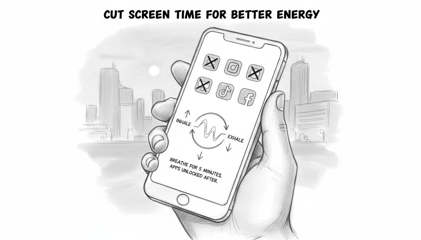 Sketch of a smartphone screen showing blocked social media apps overlaid with a simple inhale-exhale breathwork guide, held in hand against an evening city background in hand-drawn graphite style.
