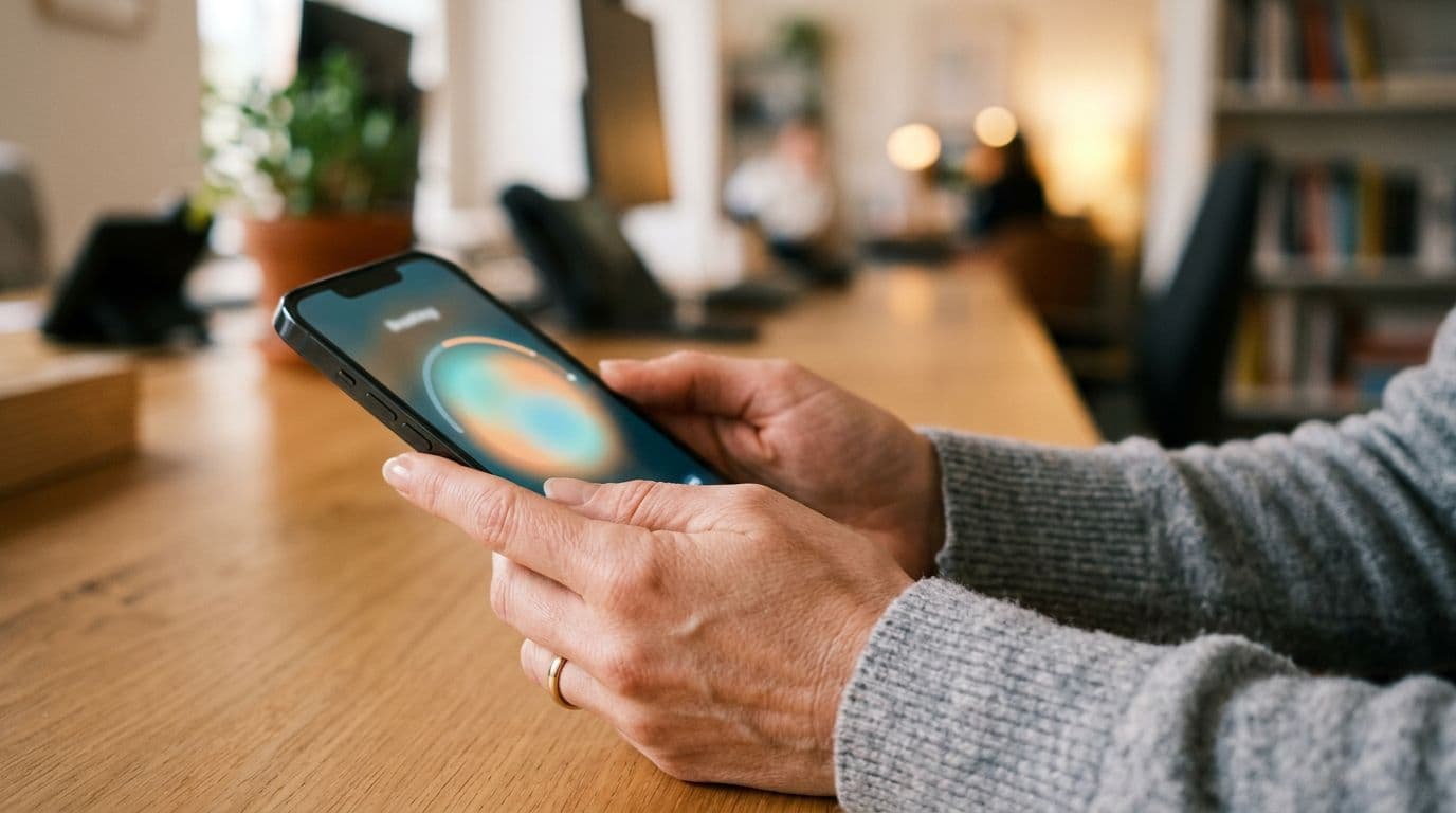 Close-up of smartphone screen at an angle showing a simple blurred breathing app interface, held relaxed by two hands with a softly out-of-focus office background, realistic style with warm light.