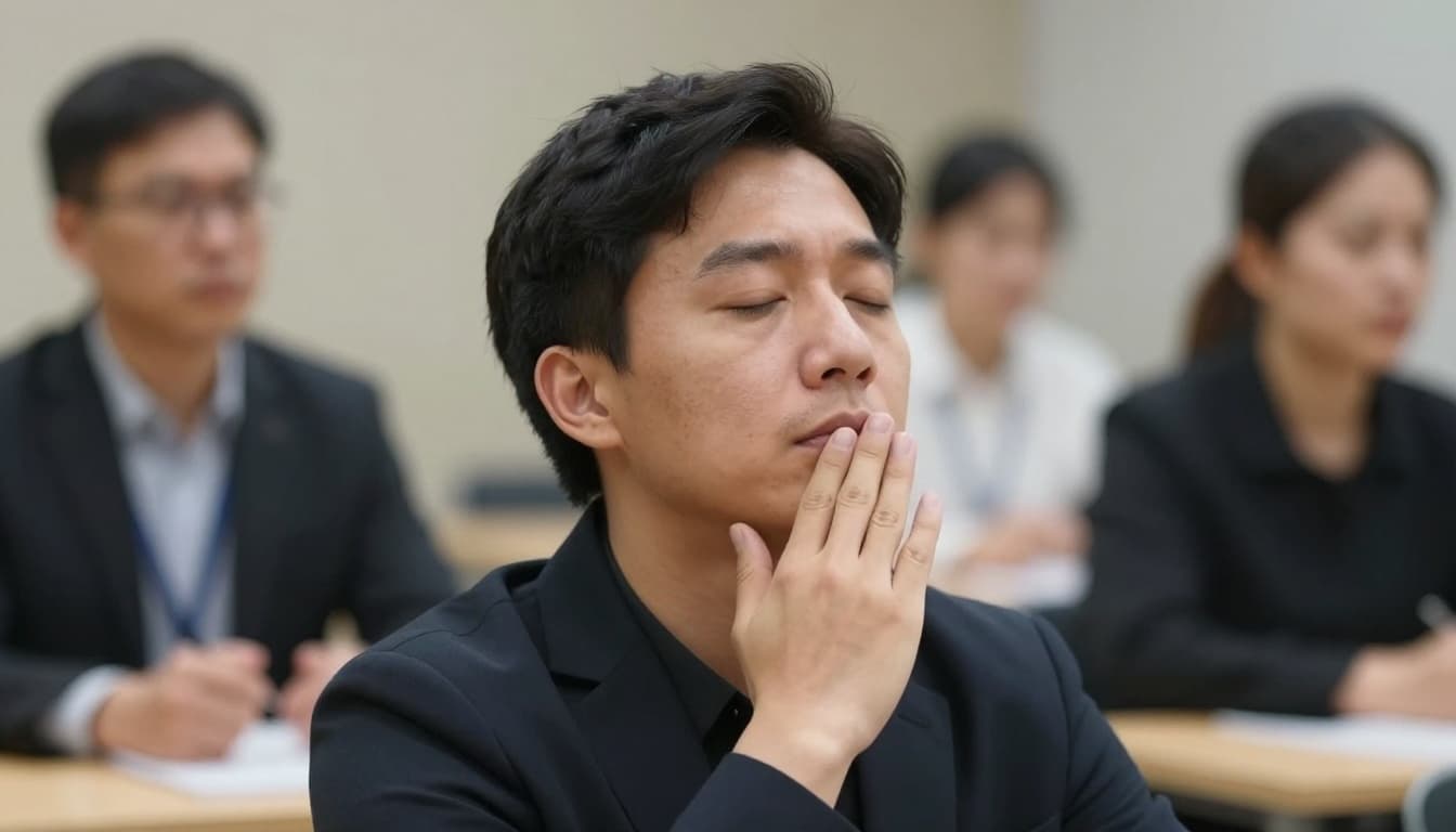Close-up of a professional leader in a boardroom during high-stakes discussion, discreetly performing extended exhale breathwork with a subtle calm face and relaxed hand on the table. Blurred colleagues in the background in a photorealistic professional setting.
