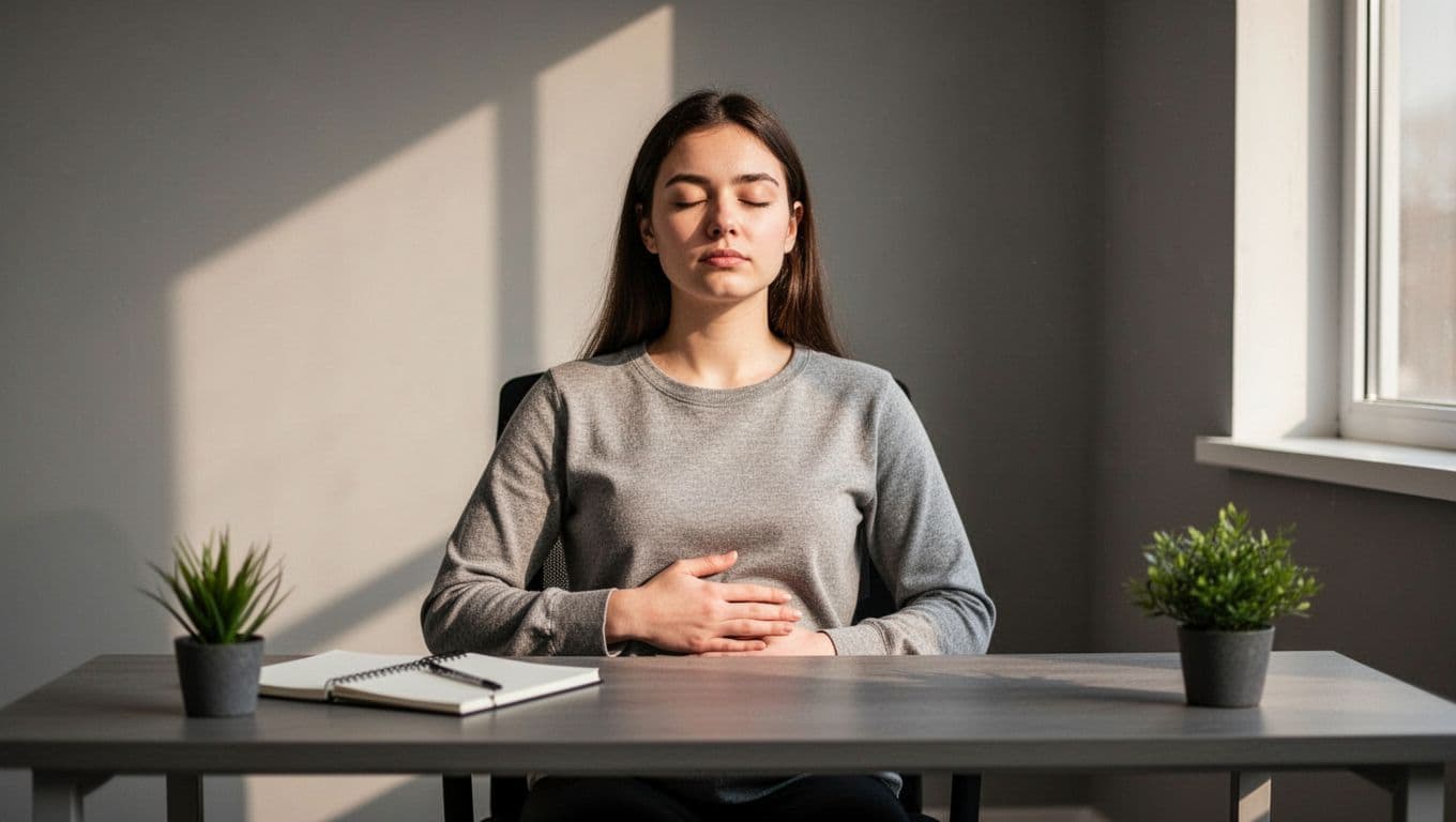 Hand-drawn sketch of a young professional seated at an office desk, eyes closed, hand on belly, performing a body scan meditation to release tension. Includes notebook, plant, and subtle window light on clean white background with graphite linework and light shading.