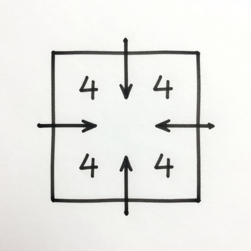 Minimalistic line art diagram of a square with arrows illustrating the 4-count inhale, hold, exhale, and hold cycle for box breathing on a white background.