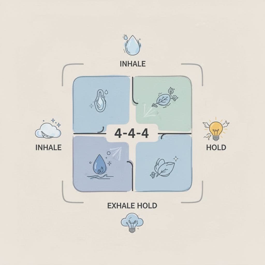 Close-up of a timer illustrating a simple 4-4-4-4 box breathing cycle on a neutral background, with subtle icons for inhale, hold, exhale, hold around a square shape. Minimalist style with soft colors, no text labels, clean and calm.