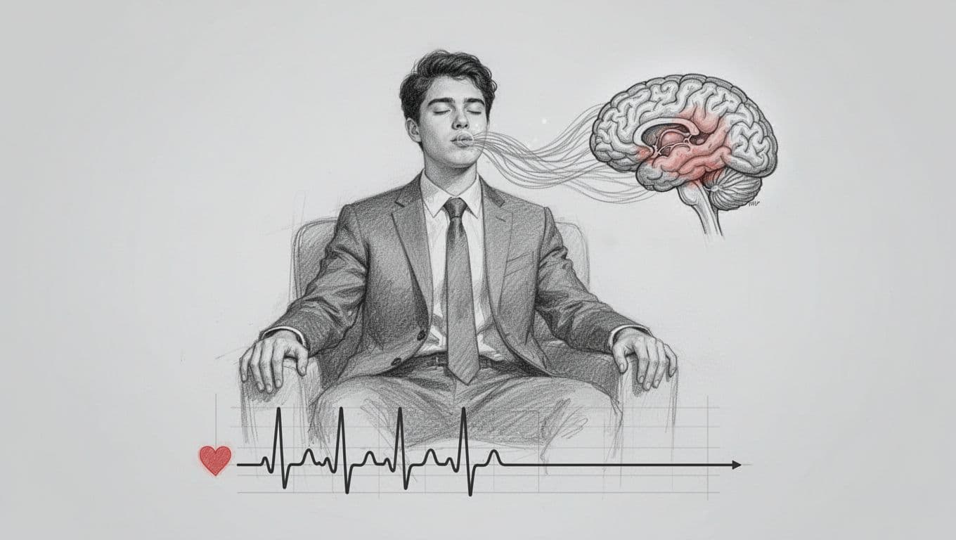 A young professional seated and exhaling calmly, with soft waves from the chest soothing a stylized brain outline where the amygdala is dimly shaded, and a slowing heart rate graph below. Hand-drawn graphite sketch style on a clean light gray background.
