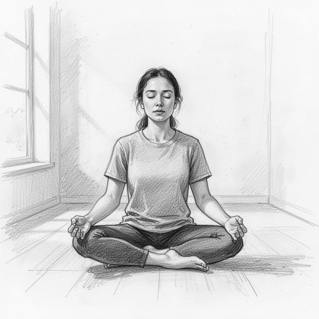 A single person sits cross-legged practicing box breathing with hands relaxed on knees and a calm expression in a minimal room with soft light. Hand-drawn graphite sketch style with light shading on clean white paper background.
