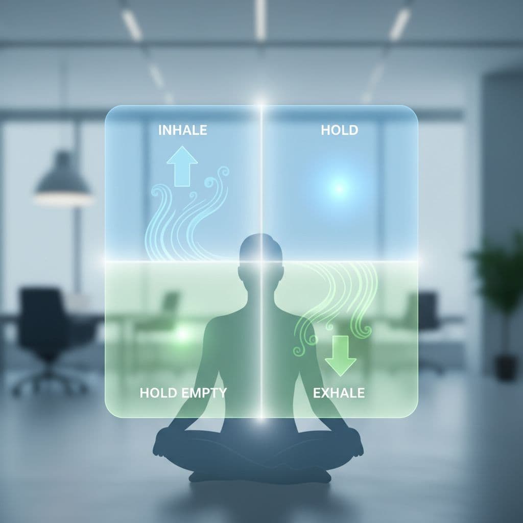 Abstract glowing square divided into four sides illustrating the box breathing cycle: inhale with rising airflow, hold stable, exhale descending, and hold empty. Centered subtle silhouette of a seated person on a softly blurred modern workspace background.