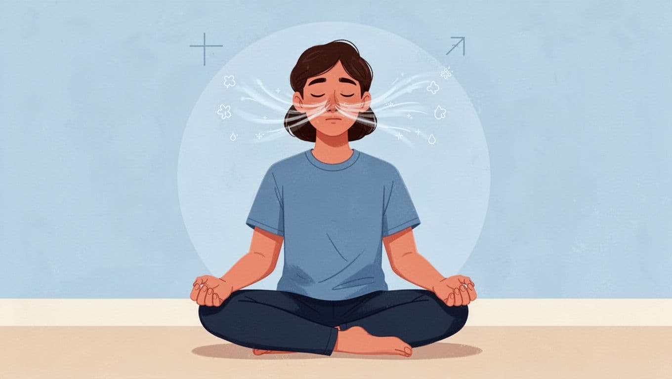 Illustration of a person sitting comfortably with eyes closed and hands relaxed on lap, performing a simple guided box breathing exercise with subtle air flow visualization around the nose. Modern style with clean shapes, soft blues, warm neutrals, and even lighting.