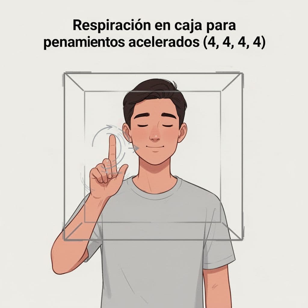 Minimalistic illustration of a hand tracing a square in the air to represent the box breathing pattern, featuring clean lines, neutral colors, and a relaxed face in a calm setting with no readable text.