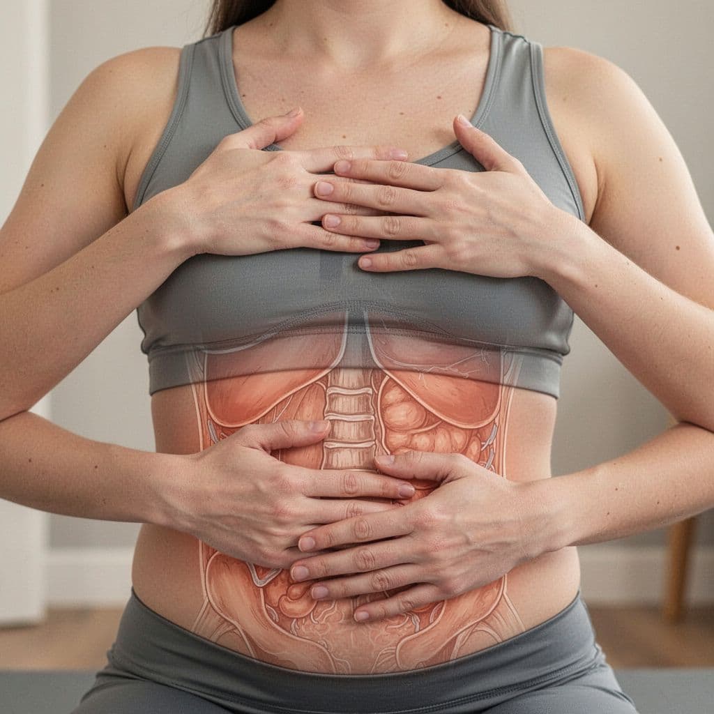 Close-up illustrative view of relaxed hands—one on the belly, one on the chest—during a box breathing exercise, implying diaphragm movement on a neutral background with soft lighting.