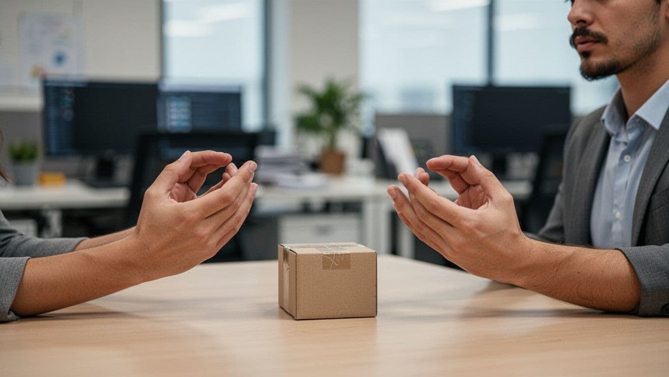 Photorealistic close-up of hands on a desk performing the box breathing gesture, with a blurred office background, soft lighting, and a partially visible calm, focused face. Exactly one person, two hands only, no text or extra objects.