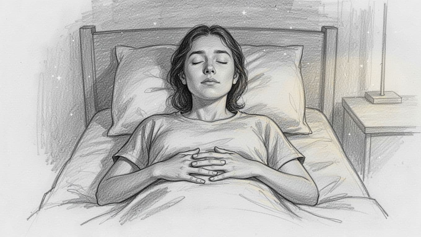 Hand-drawn sketch of a single person lying in bed practicing box breathing technique with hands on belly, eyes closed, and calm expression in a simple bedroom.