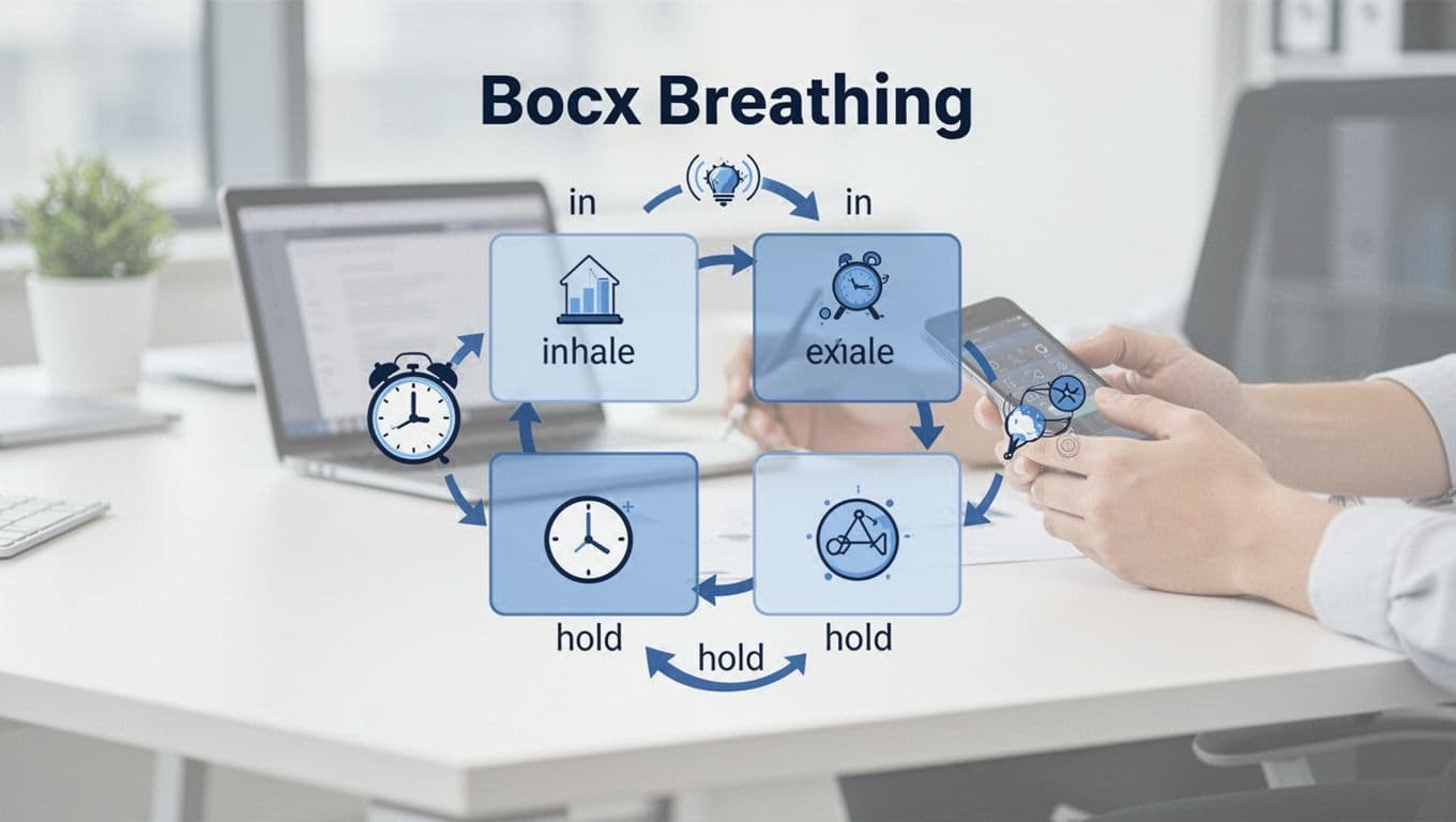 Visual representation of box breathing on a simple office desk setup, four equal squares in a box shape with arrows indicating inhale hold exhale hold cycle, subtle icons like clock for timing, neutral colors blue and white.