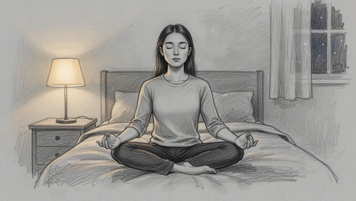 Hand-drawn graphite sketch of a young professional sitting cross-legged on a bed in a cozy bedroom at night, practicing box breathing with eyes closed and palms up on knees, illuminated by soft lamp light.
