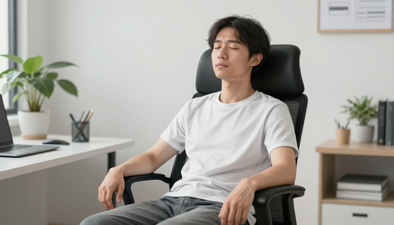 Hand-drawn sketch of one person sitting comfortably in an office chair after work, eyes closed with hands relaxed on lap, showing subtle deep inhale during box breathing in a calm modern workspace.