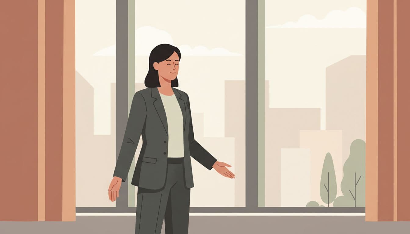 Modern illustration in calm earth tones of one person in business attire standing by an office window, practicing box breathing with relaxed hands and composed face, blurred city view in soft light.