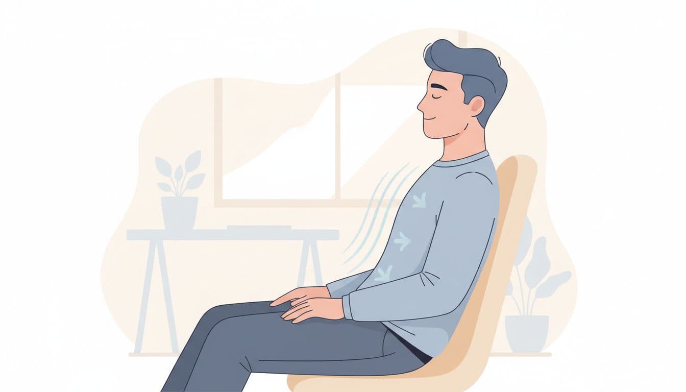 Illustration of a young professional seated on an office chair with eyes closed, practicing box breathing, hands on lap, peaceful expression, subtle breath lines, modern style with soft blue and neutral tones, full body profile view.