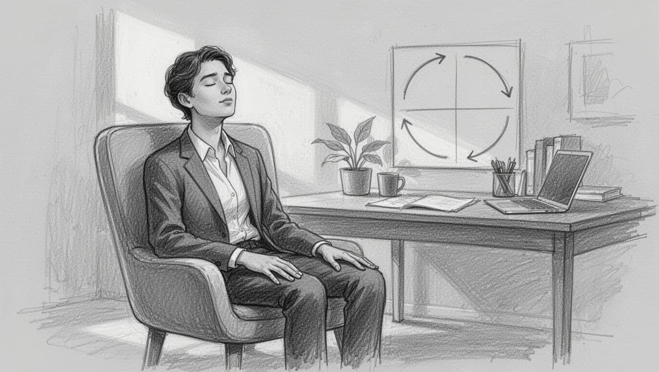 A young professional sits relaxed in a home office chair with eyes closed and hands on knees, beside a square outline with clockwise arrows indicating the four-step breathing cycle. Hand-drawn graphite sketch style with light shading on a clean light gray background.
