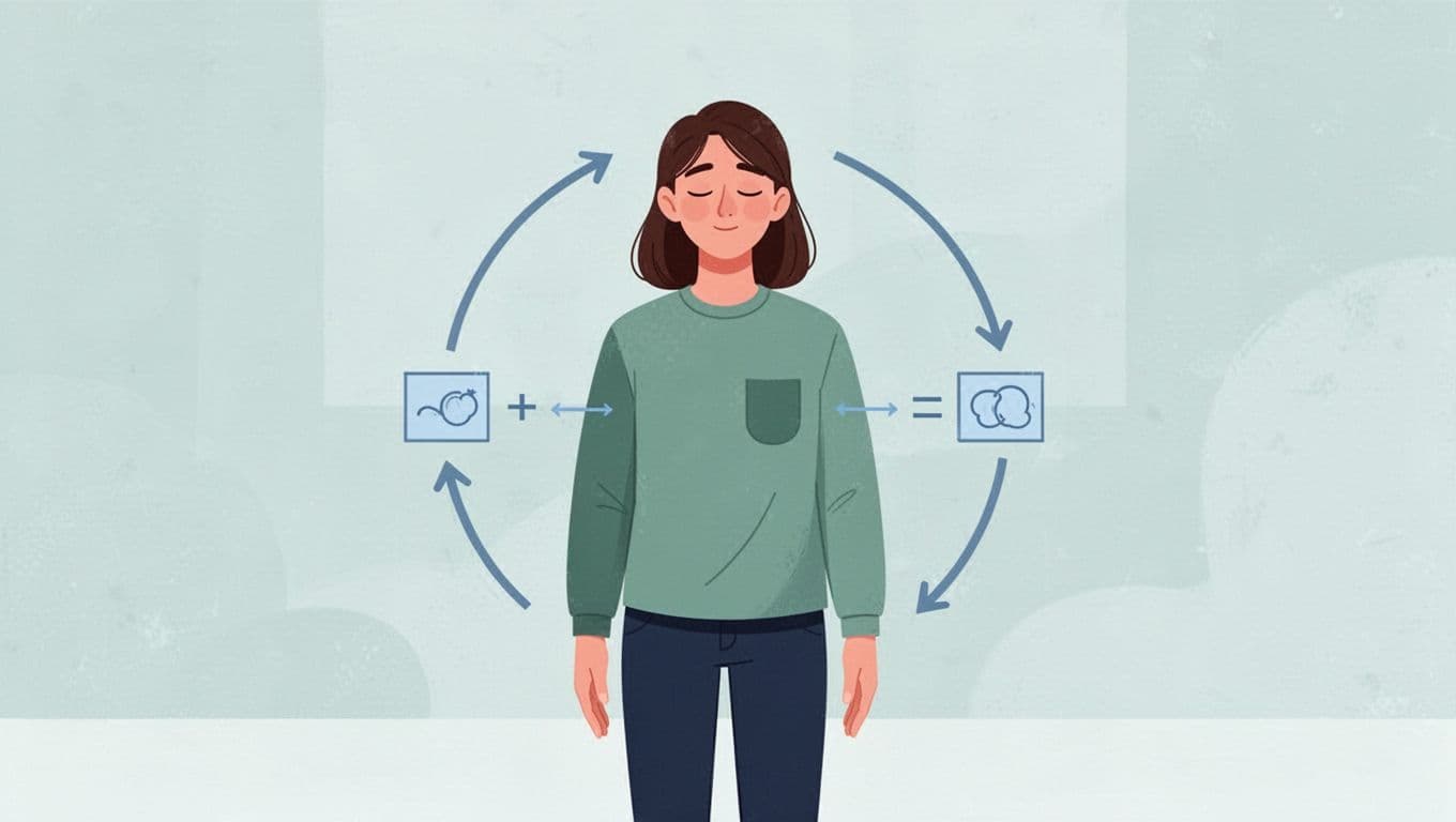 A single person stands calmly with eyes softly closed and hands relaxed at sides, subtly visualizing the equal phases of box breathing through steady posture, in a modern illustration with clean shapes and calming blues, greens, and neutrals.