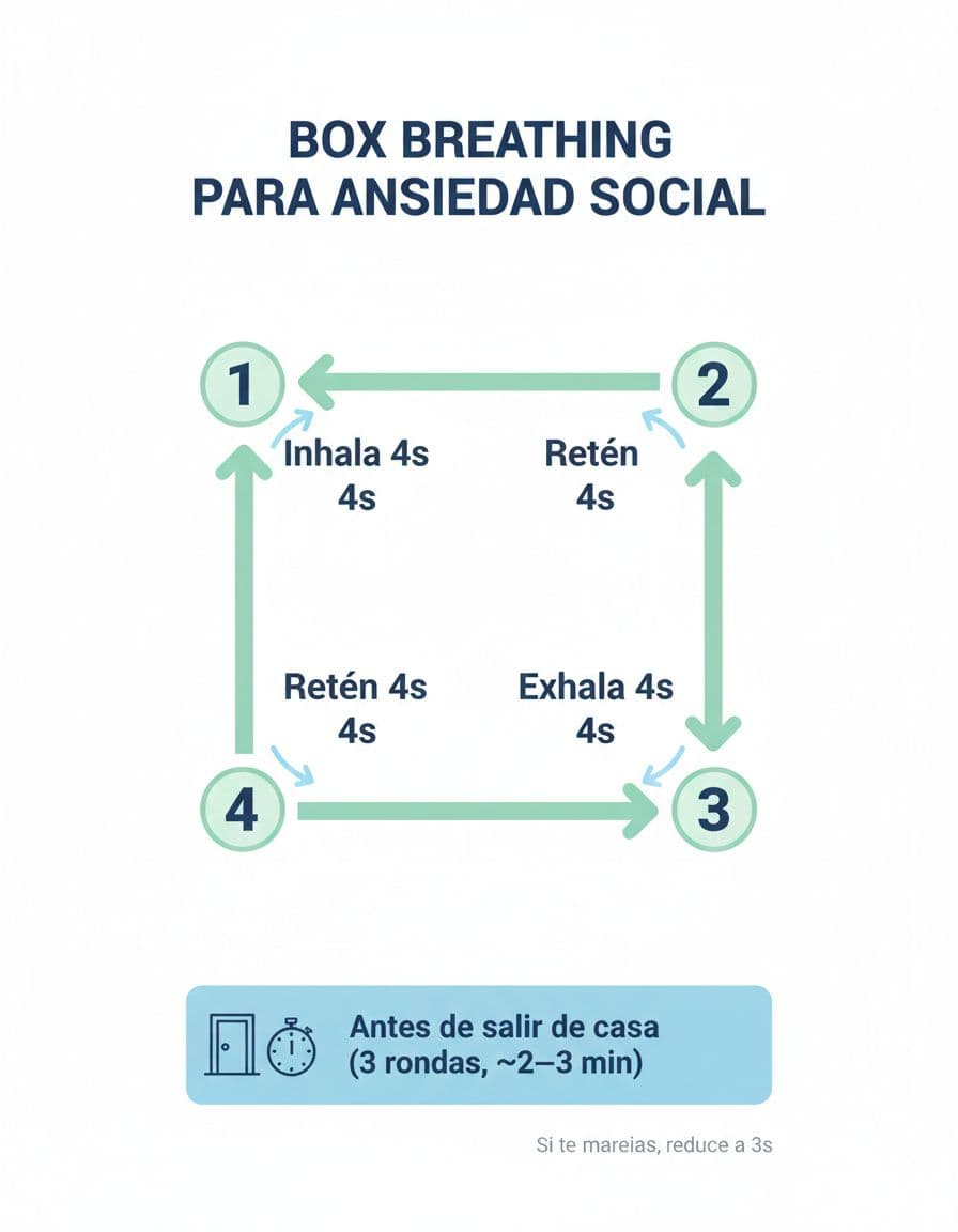 Infografía minimalista en español con diagrama de la técnica de box breathing para ansiedad social: inhala 4s, retiene 4s, exhala 4s, retiene 4s. Incluye consejos para practicar 3 rondas antes de salir de casa y nota para reducir tiempos si es necesario.