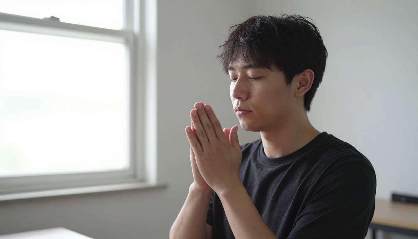 A peaceful adult in a quiet backstage hallway practices box breathing, hand raised with fingers counting to four, focused expression under soft natural light, photorealistic style.