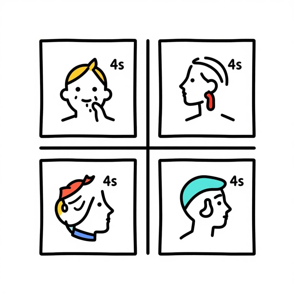 Minimalistic square diagram illustrating the box breathing technique: inhale 4 seconds, hold 4 seconds, exhale 4 seconds, hold 4 seconds, with arrow cycle and clean line art on white background.