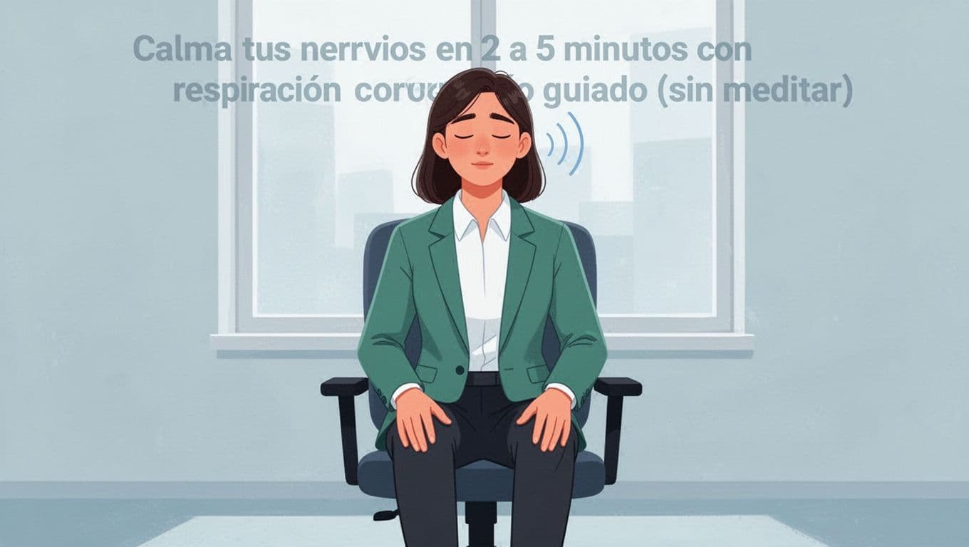 A young professional sits calmly in a simple office chair practicing box breathing with eyes closed, relaxed hands on knees, neutral background with soft window light, modern illustration in soft blues and greens.