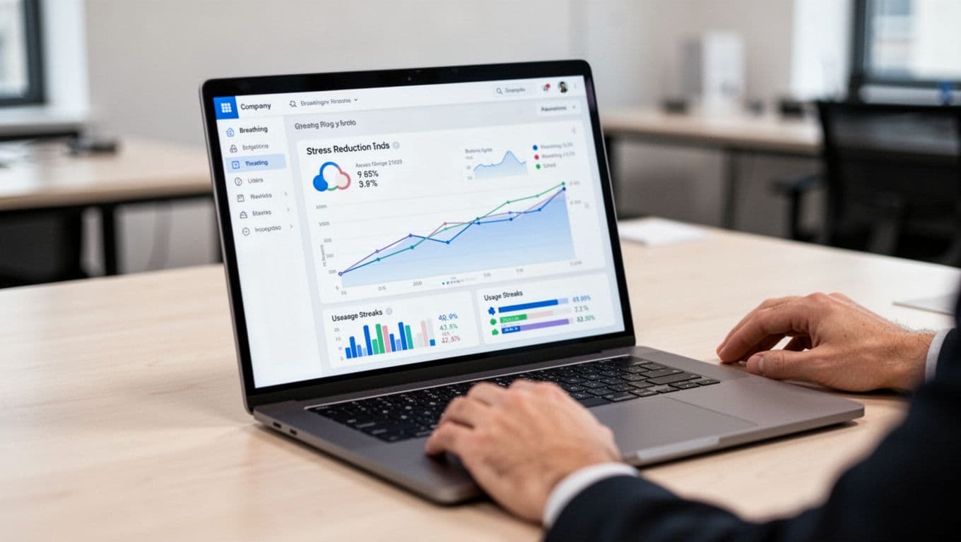 Simple admin dashboard on a laptop screen showing anonymized engagement trends for a company breathing app, with graphs of stress reduction and usage streaks, in a realistic office desk setting with one laptop at an angle and two relaxed hands nearby.
