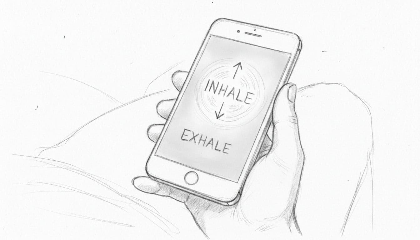 Hand-drawn sketch of a smartphone screen locked with a simple breathing prompt overlay, held in one hand against a neutral background. Graphite linework with light shading emphasizes relaxation and focus on the phone as a prop for limiting screen time.