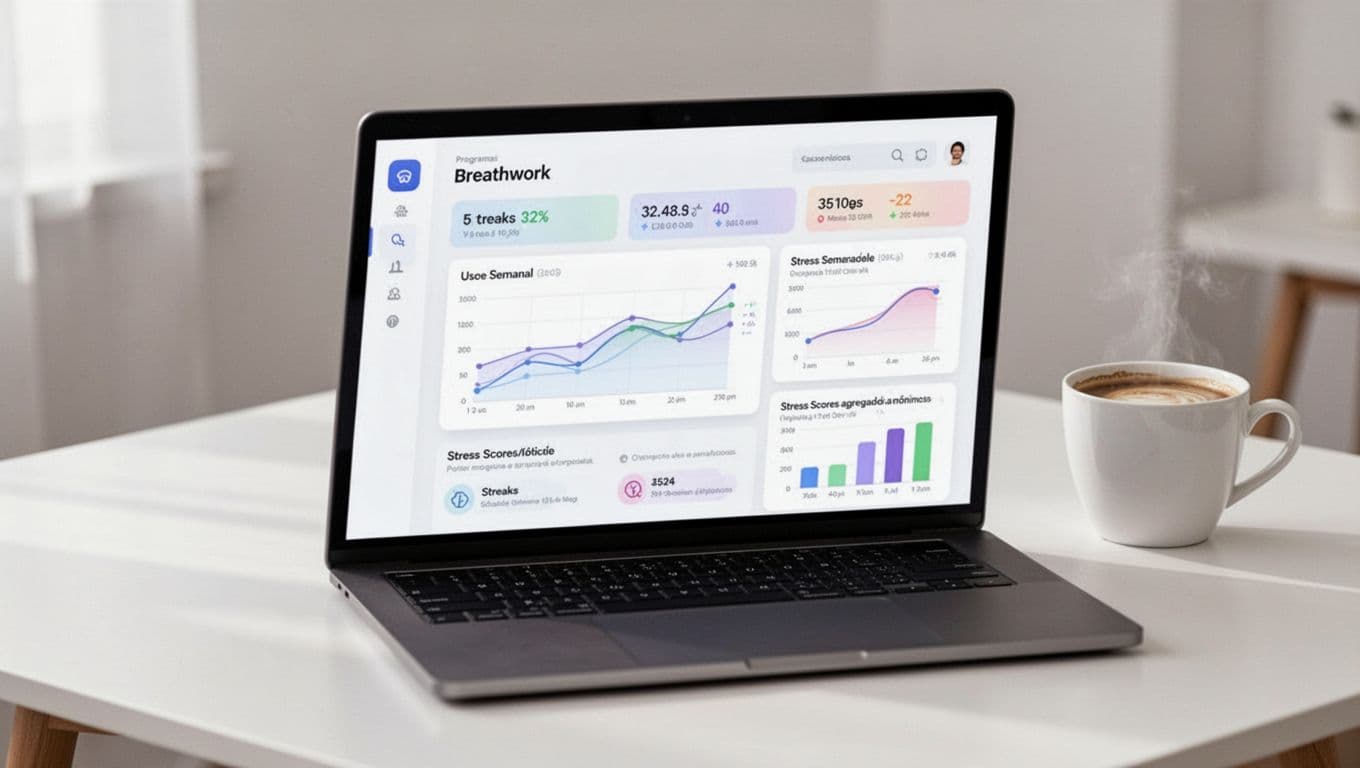 A photorealistic image of a simple minimalist dashboard displaying weekly usage graphs, streaks, and aggregated anonymous stress scores for a corporate breathwork program on a laptop screen, with a coffee on the desk and angular screen focus.