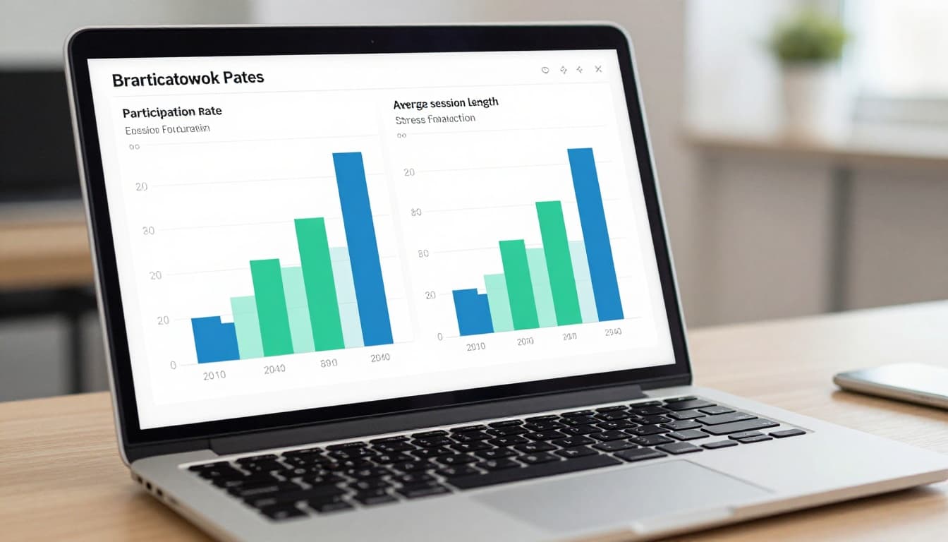 A simple dashboard on a laptop screen displays anonymized metrics for a breathwork program, including charts for participation rate, average session length, and stress reduction trends. The screen is angled on a desk in an office setting, rendered realistically with blue and green tones, no people, logos, or readable text.