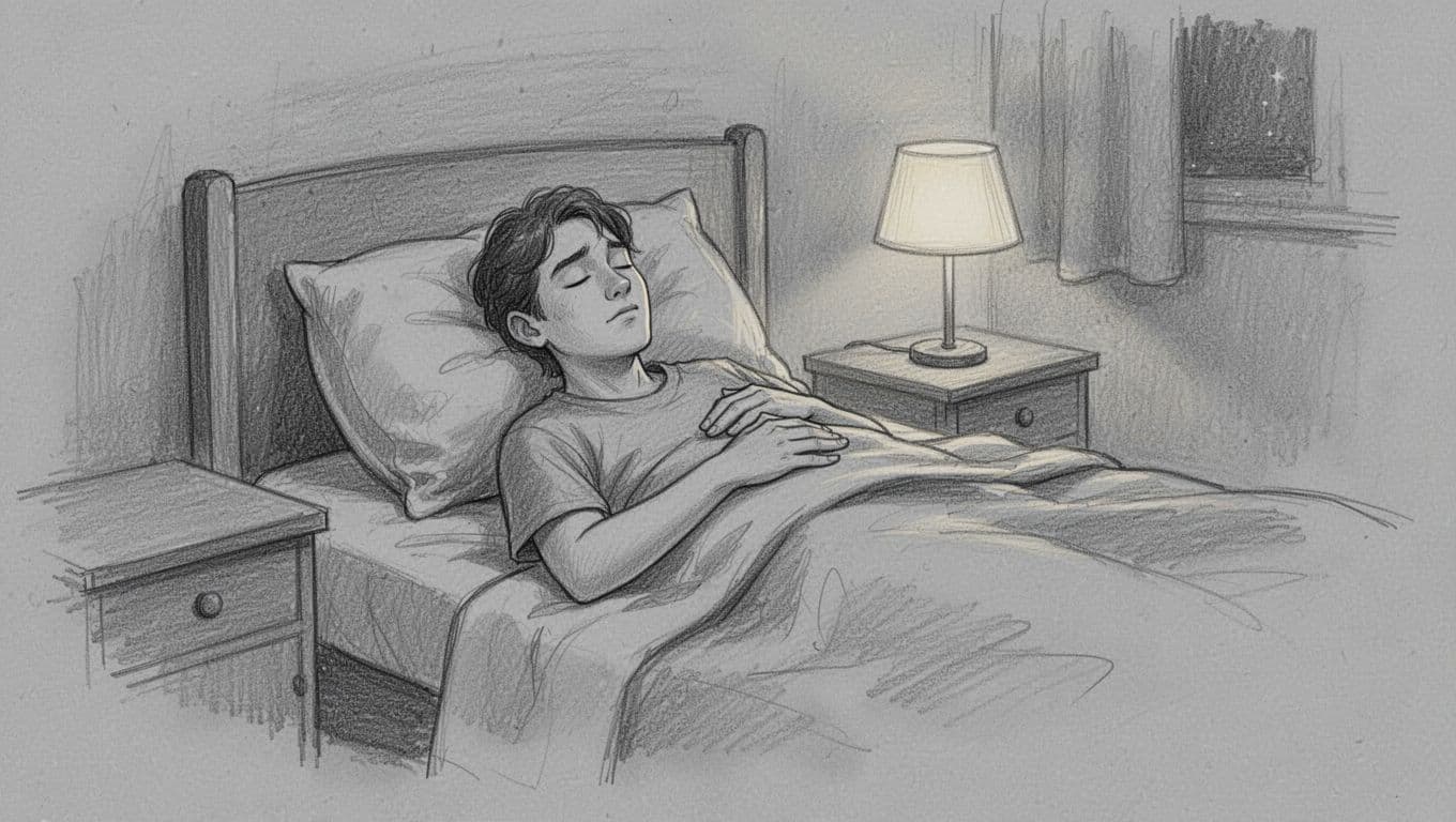 Hand-drawn graphite sketch of one person lying relaxed in a simple bedroom at night, eyes closed calmly, hand on belly showing deep breathing, under dim lamp light on light gray paper.