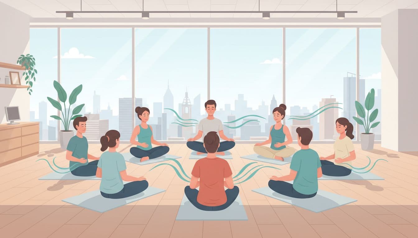 Illustration of seven people—six employees and a facilitator—seated in a circle in a bright, modern corporate office in CDMX, practicing breathwork with eyes closed and hands on abdomens, viewed from slightly above with soft teal accents on breathing waves.