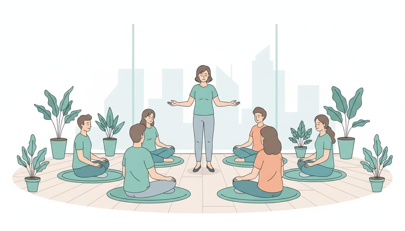 Five employees sit in a circle on teal mats with plants around in a luminous CDMX office, eyes closed breathing deeply as standing facilitator guides with open hands.