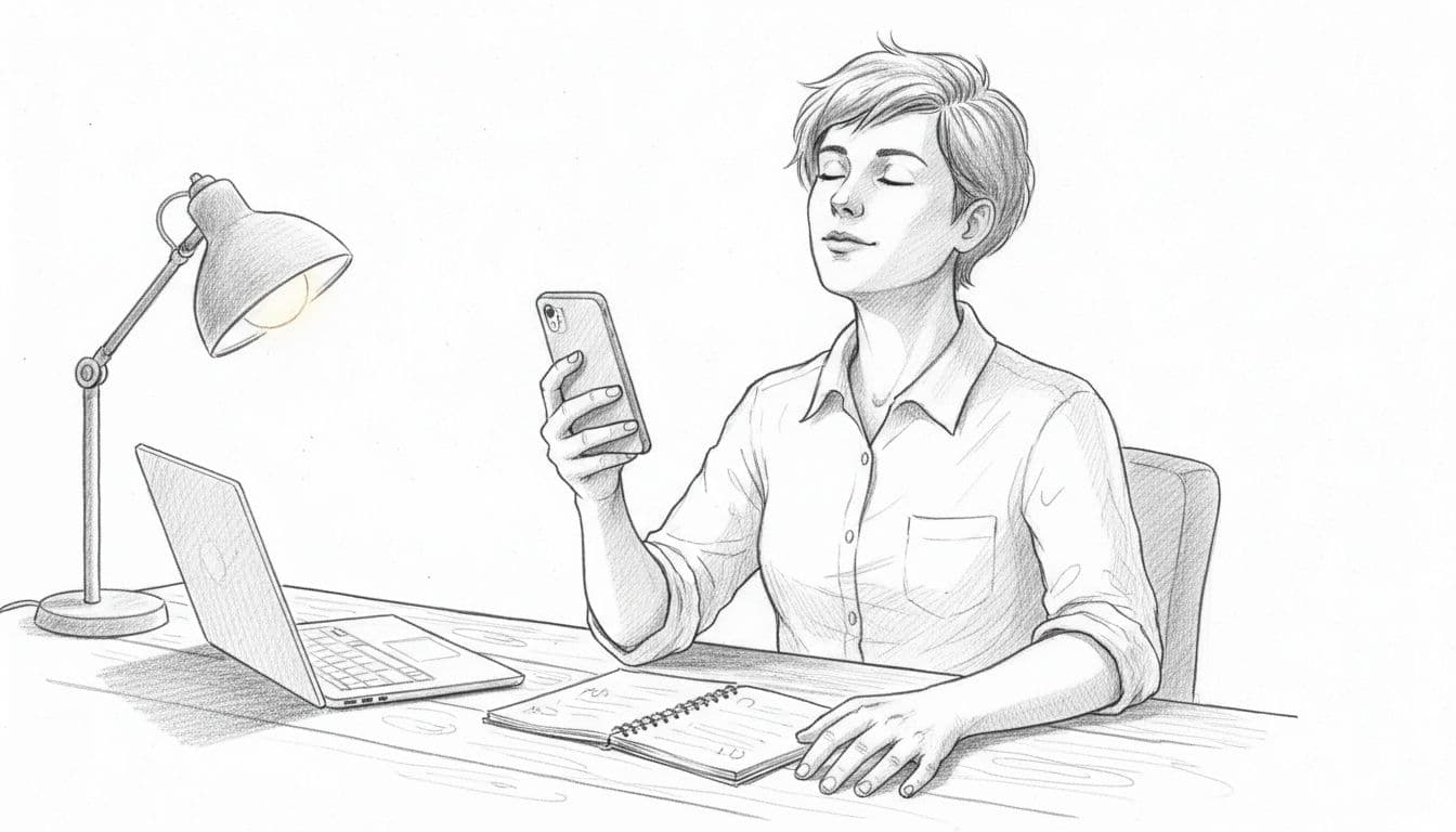 Hand-drawn sketch of a single young professional at a wooden desk in a home office, eyes closed taking a deep breath while holding a smartphone at chest level next to laptop and notebook, illustrating a habit to reduce screen time and prevent anxiety attacks.