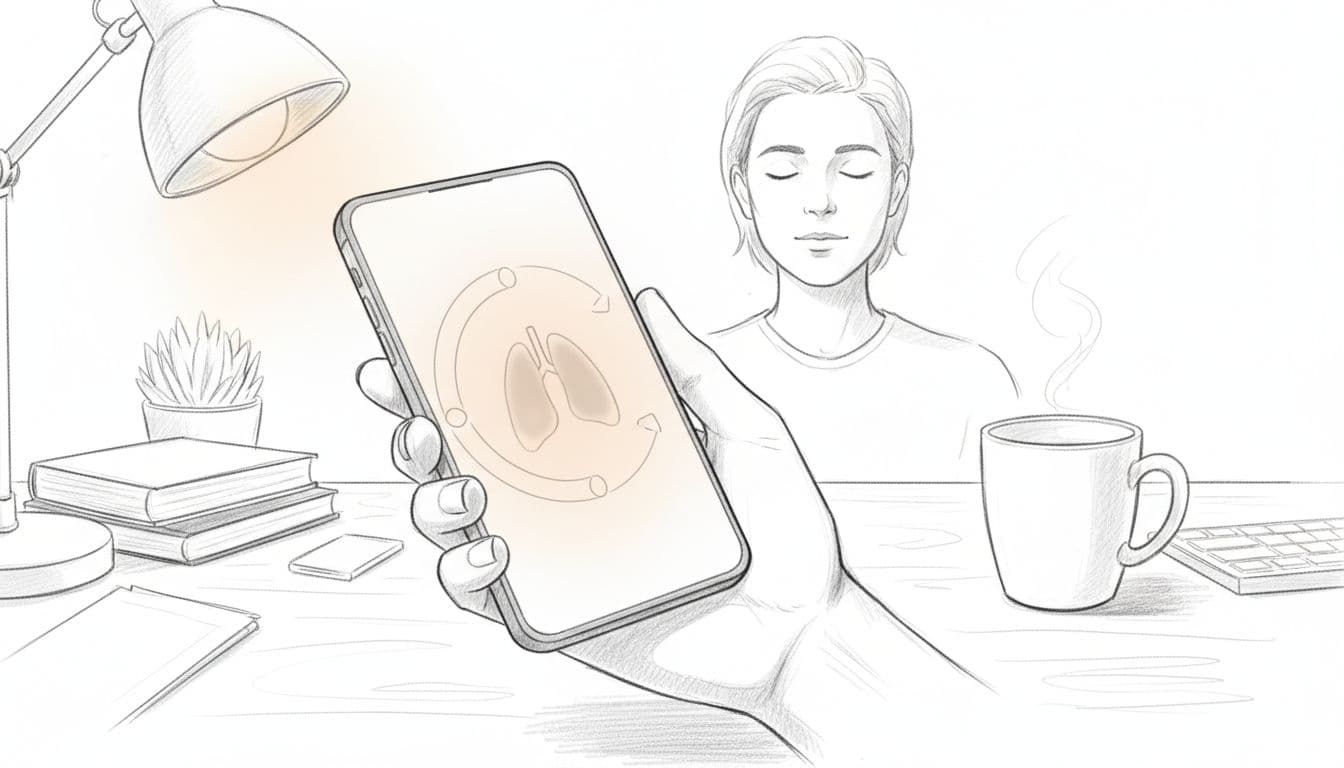 Hand-drawn graphite sketch of a smartphone at an angle held in one hand on a desk, displaying a breathwork timer app interface with subtle glow. Calm office setting features a nearby coffee mug, minimal clutter, warm lamp lighting, and partial view of a person breathing.