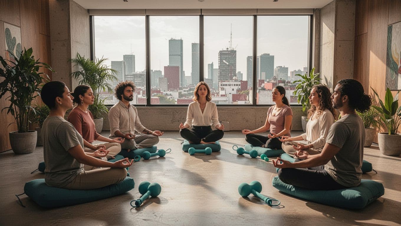 Ilustración moderna de un facilitador guiando a un grupo diverso de seis personas sentadas en círculo durante un taller de breathwork en una oficina corporativa mexicana, con ambiente relajado, cojines, luces suaves y vista a la Ciudad de México.