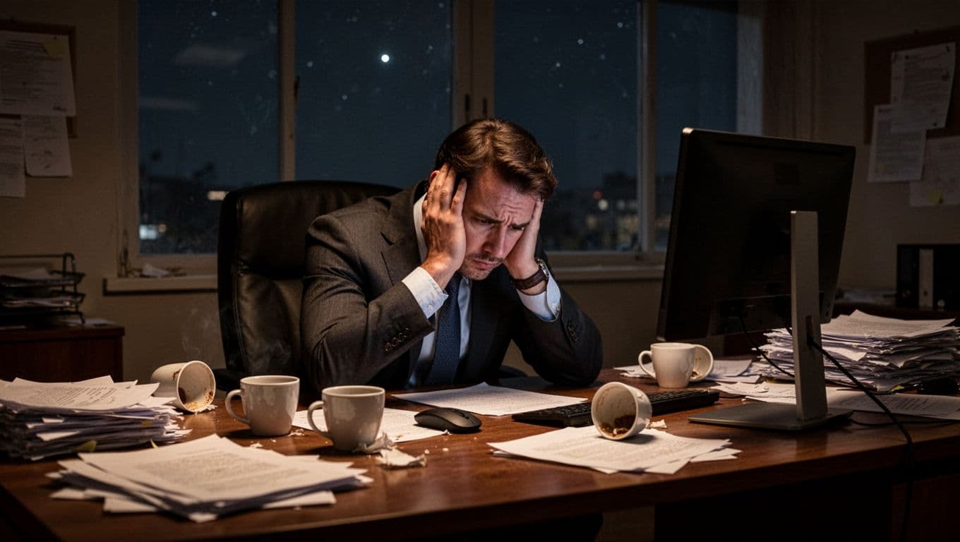 A photorealistic illustration of a tired executive slumped at a messy desk in a dimly lit office at night, surrounded by empty coffee cups, dimmed computer screen, and scattered papers, evoking low energy and subtle cynicism.