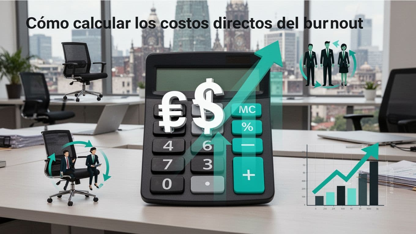 Modern illustration of a financial calculator displaying peso symbols and rising cost arrows, with icons for absenteeism, turnover, and productivity decline on a Mexico City office background.