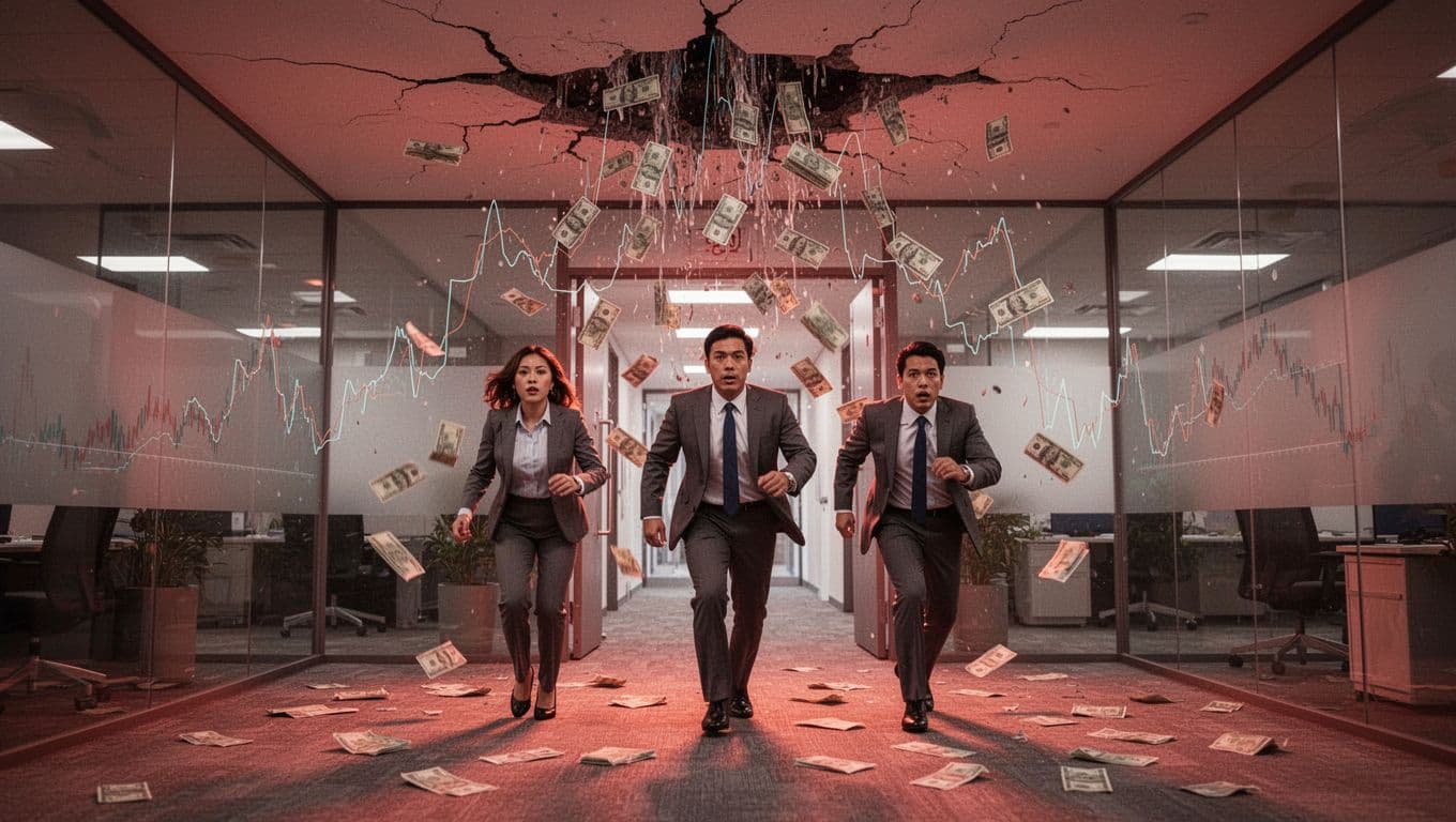 Conceptual vector illustration of money and graphs leaking from an office building like financial losses, with three stressed workers exiting in the background, in red and orange tones.