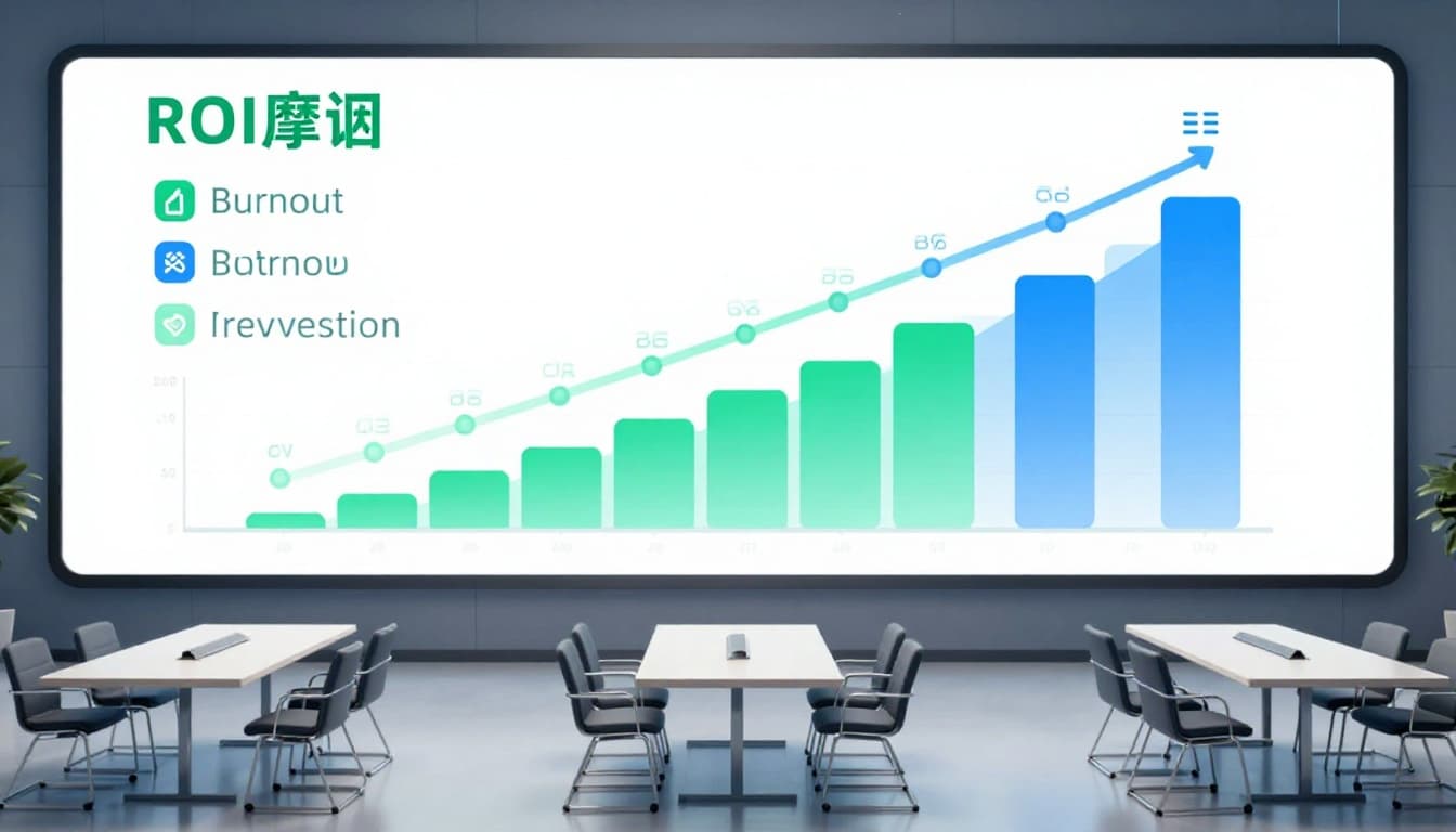 Abstract isometric visualization of upward trending ROI metrics for burnout prevention on a large dashboard screen in an empty modern boardroom, featuring productivity, retention, and low stress icons in green and blue tones.