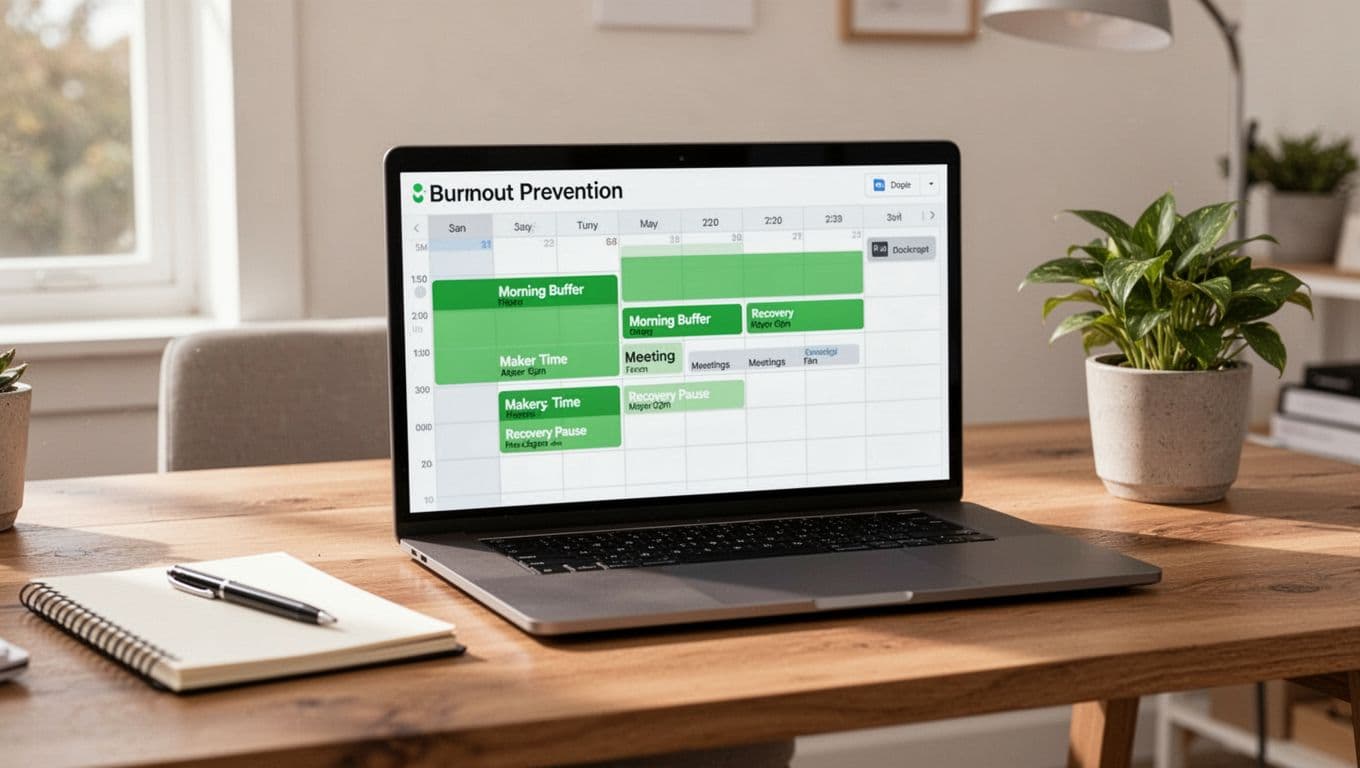 Photorealistic landscape image of a digital calendar on a sleek laptop screen in a bright home office, highlighting green time blocks for 'Morning Buffer', 'Maker Time', and 'Recovery Pause' with spaced meetings to prevent burnout. Wooden desk with notebook, pen, plant, natural daylight, clean organized vibe, no people.