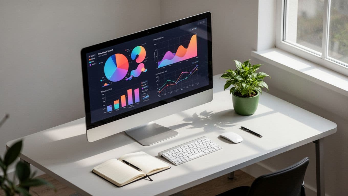 Isometric view of a professional office desk with a large monitor displaying abstract charts and graphs for employee engagement and absenteeism trends, a notebook, plant, and natural daylight from a window.