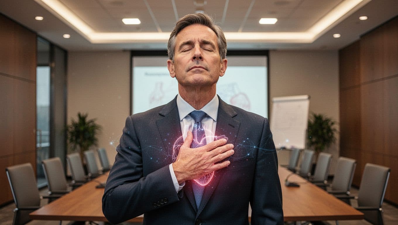 Close-up of a suited business leader in a modern conference room, taking a deep breath with hand on chest, relaxed face before a meeting. Professional realistic style with warm lighting and subtle heart coherence glow.