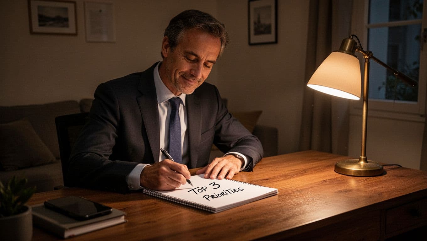 Business leader at end of workday, sitting at home desk, writing top 3 priorities on notepad, dim lighting, relaxed expression, simple room setting.